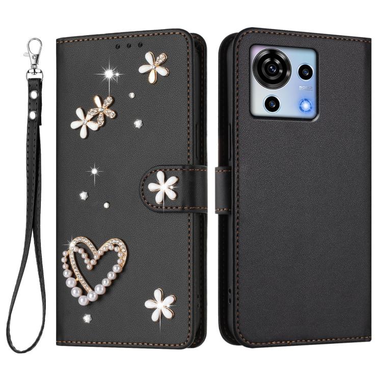 For ZTE Blade V50 Vita ZS01 Double-Layer Heart Floral Vegan Leather Phone Case with Wrist Strap