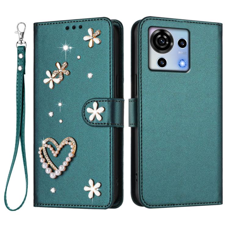 For ZTE Blade V50 Vita ZS01 Double-Layer Heart Floral Vegan Leather Phone Case with Wrist Strap