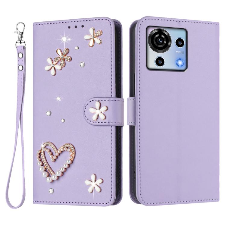 For ZTE Blade V50 Vita ZS01 Double-Layer Heart Floral Vegan Leather Phone Case with Wrist Strap