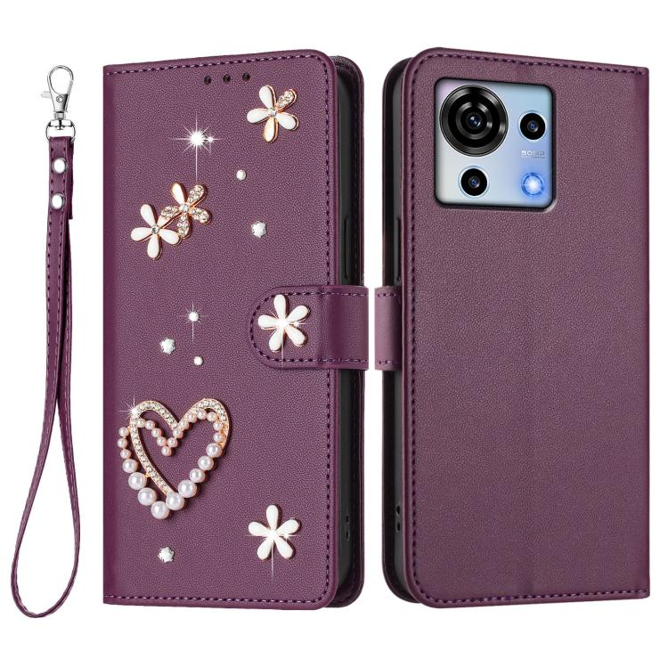 For ZTE Blade V50 Vita ZS01 Double-Layer Heart Floral Vegan Leather Phone Case with Wrist Strap