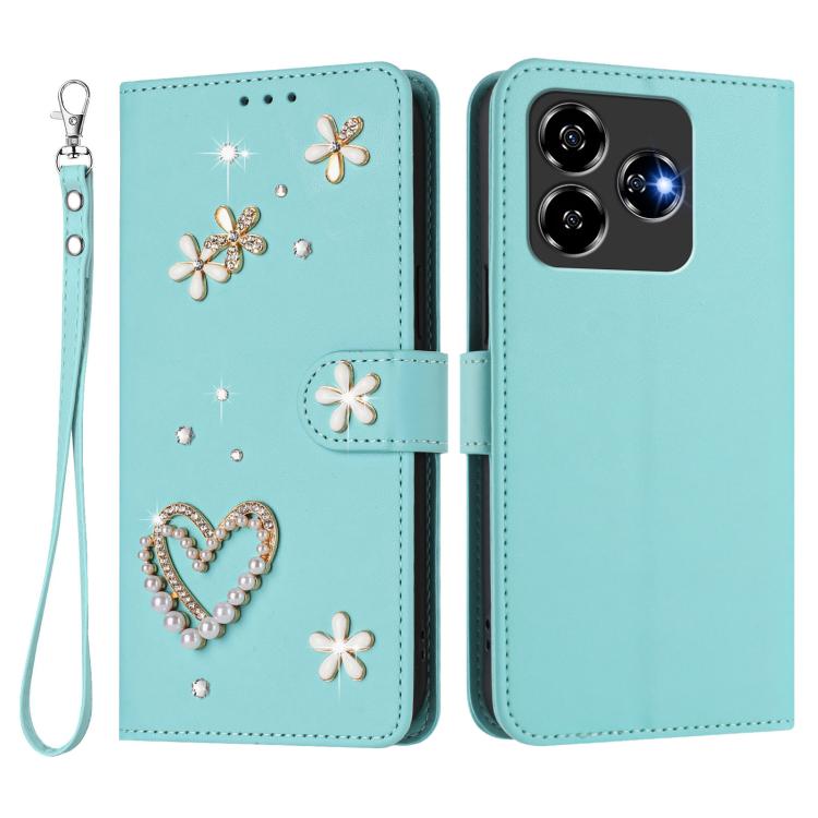 For ZTE Blade V60 / Axon 60 ZS01 Double-Layer Heart Floral Vegan Leather Phone Case with Wrist Strap