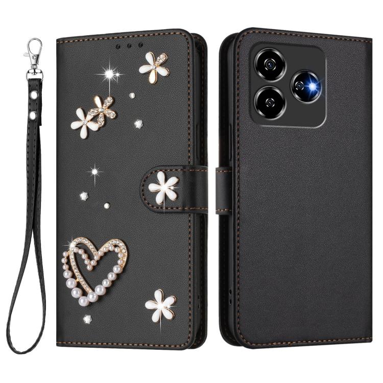 For ZTE Blade V60 / Axon 60 ZS01 Double-Layer Heart Floral Vegan Leather Phone Case with Wrist Strap