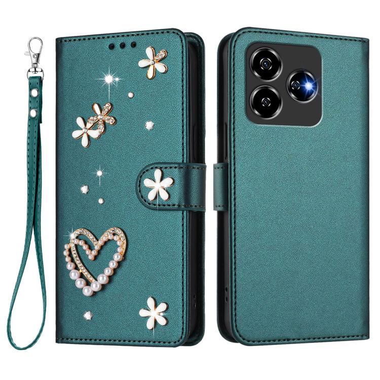 For ZTE Blade V60 / Axon 60 ZS01 Double-Layer Heart Floral Vegan Leather Phone Case with Wrist Strap