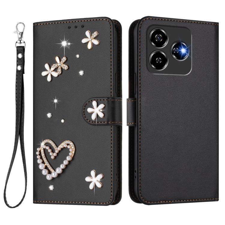 For ZTE Blade V60 Vita/Axon 60 Lite ZS01 Double-Layer Heart Floral Vegan Leather Phone Case with Wrist Strap