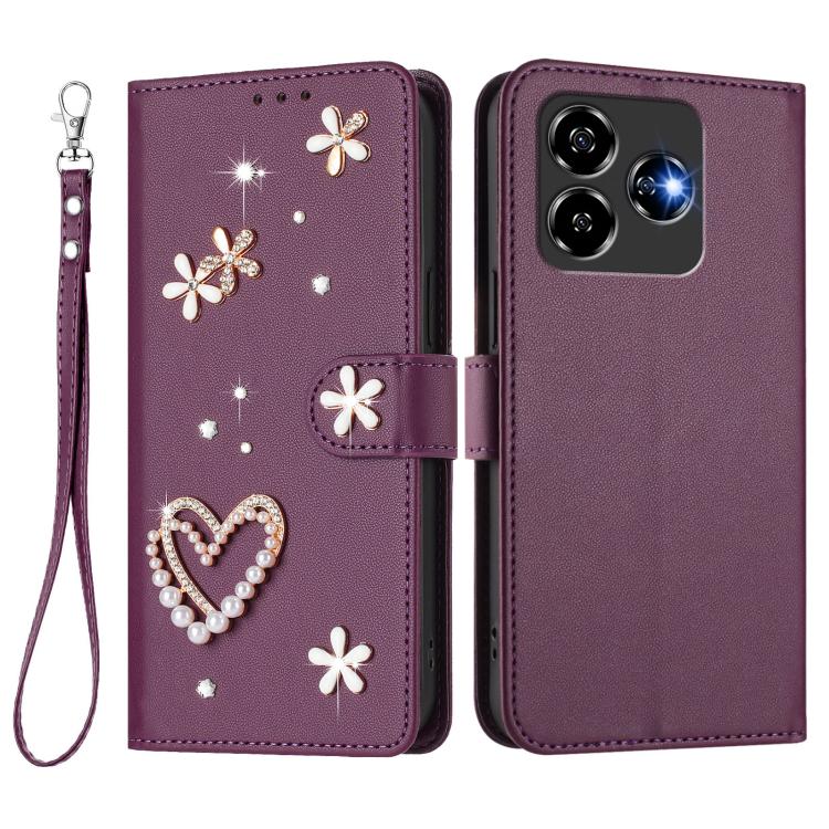 For ZTE Blade V60 Vita/Axon 60 Lite ZS01 Double-Layer Heart Floral Vegan Leather Phone Case with Wrist Strap