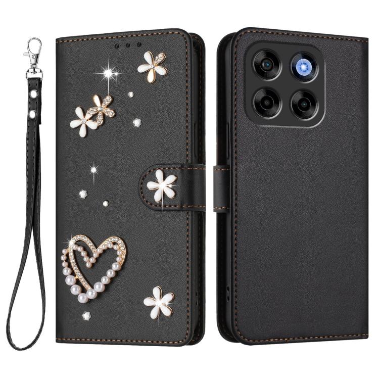 For ZTE Blade V70 ZS01 Double-Layer Heart Floral Vegan Leather Phone Case with Wrist Strap
