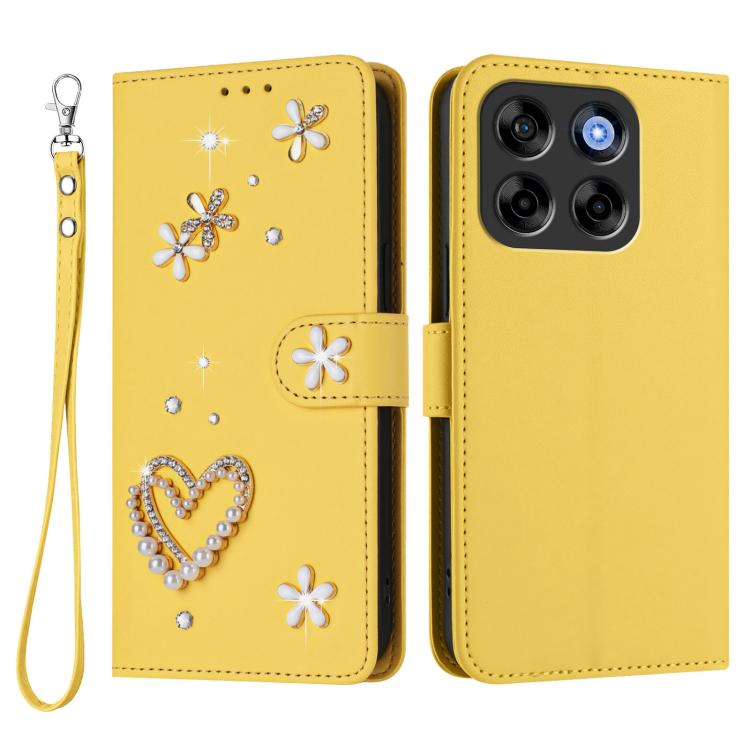 For ZTE Blade V70 ZS01 Double-Layer Heart Floral Vegan Leather Phone Case with Wrist Strap