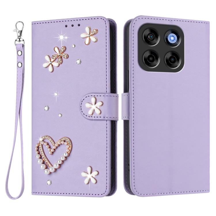 For ZTE Blade V70 ZS01 Double-Layer Heart Floral Vegan Leather Phone Case with Wrist Strap