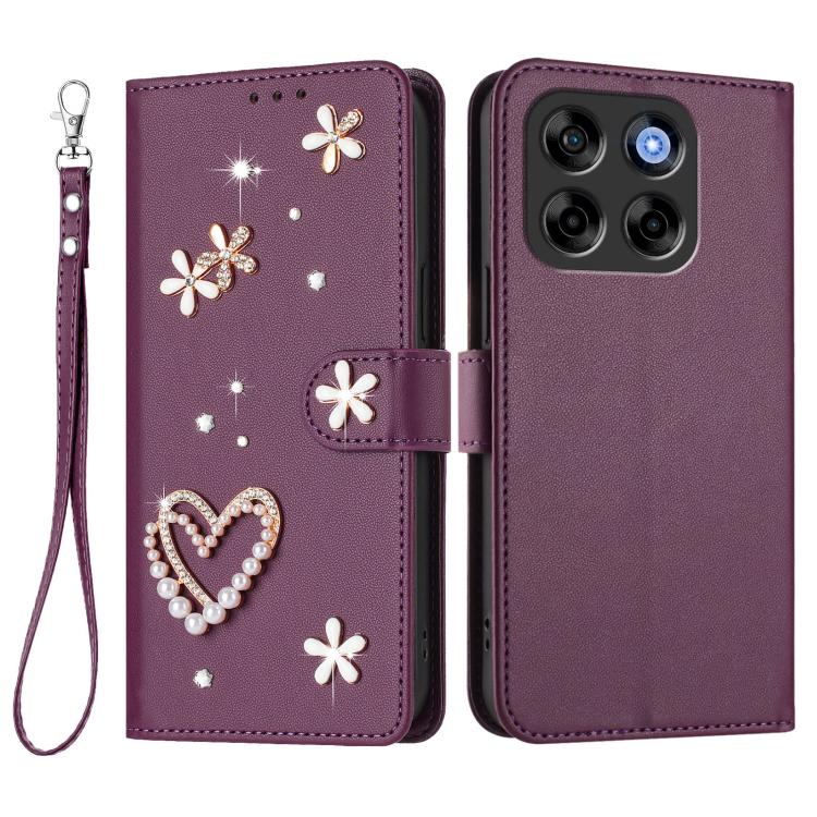 For ZTE Blade V70 ZS01 Double-Layer Heart Floral Vegan Leather Phone Case with Wrist Strap