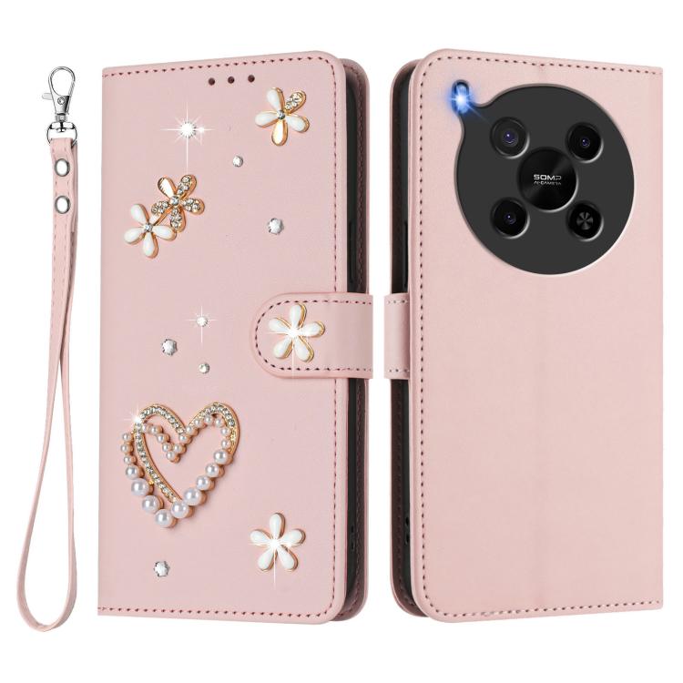 For ZTE Blade V70 Max ZS01 Double-Layer Heart Floral Vegan Leather Phone Case with Wrist Strap