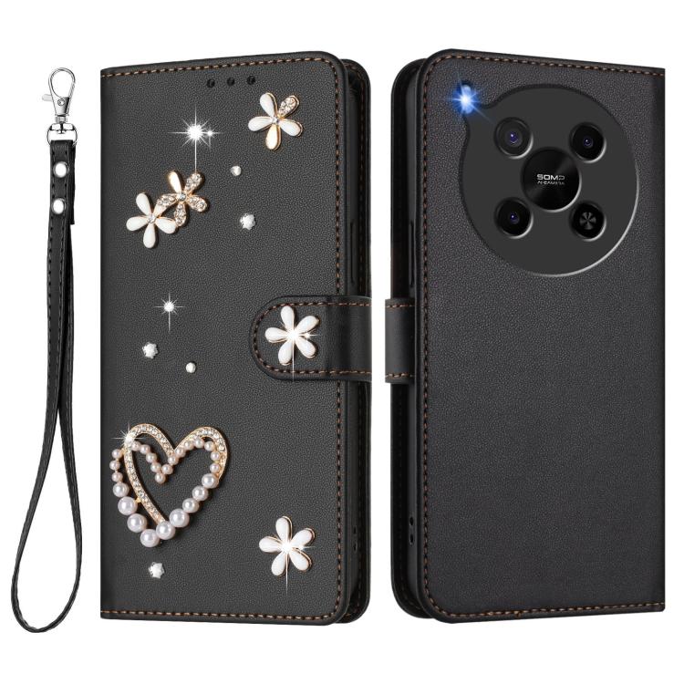 For ZTE Blade V70 Max ZS01 Double-Layer Heart Floral Vegan Leather Phone Case with Wrist Strap