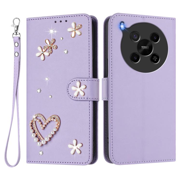 For ZTE Blade V70 Max ZS01 Double-Layer Heart Floral Vegan Leather Phone Case with Wrist Strap