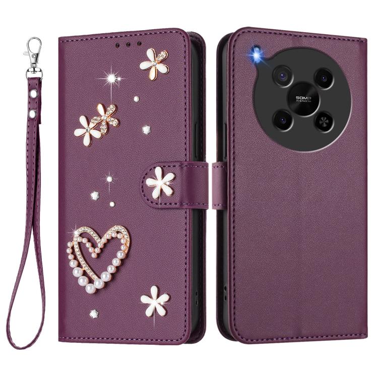 For ZTE Blade V70 Max ZS01 Double-Layer Heart Floral Vegan Leather Phone Case with Wrist Strap