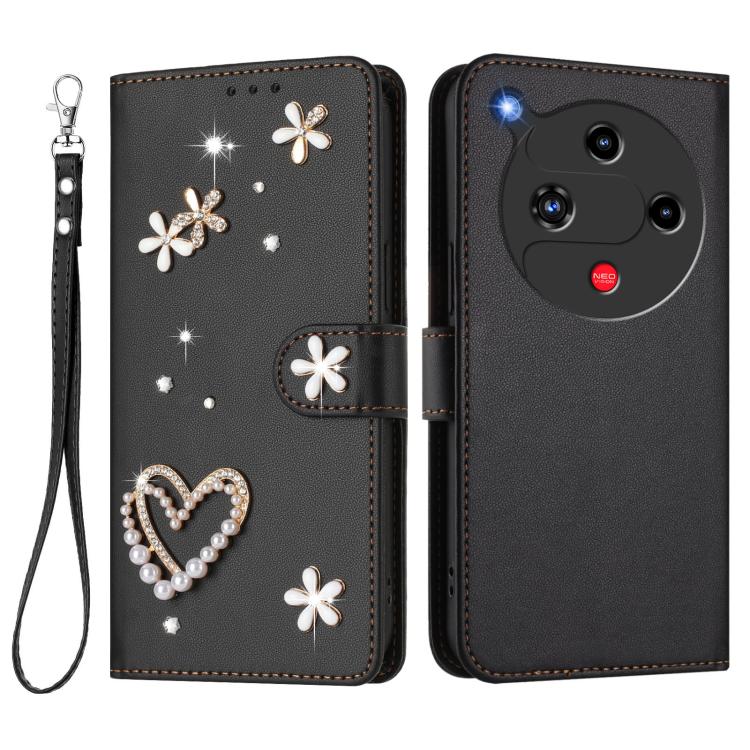 For ZTE Nubia Focus 2 5G ZS01 Double-Layer Heart Floral Vegan Leather Phone Case with Wrist Strap