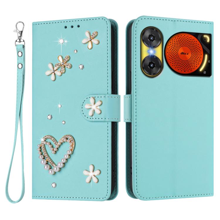 For ZTE Nubia Music 2 ZS01 Double-Layer Heart Floral Vegan Leather Phone Case with Wrist Strap