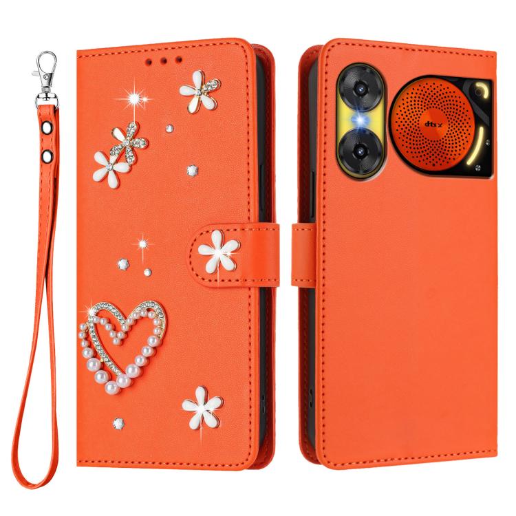 For ZTE Nubia Music 2 ZS01 Double-Layer Heart Floral Vegan Leather Phone Case with Wrist Strap