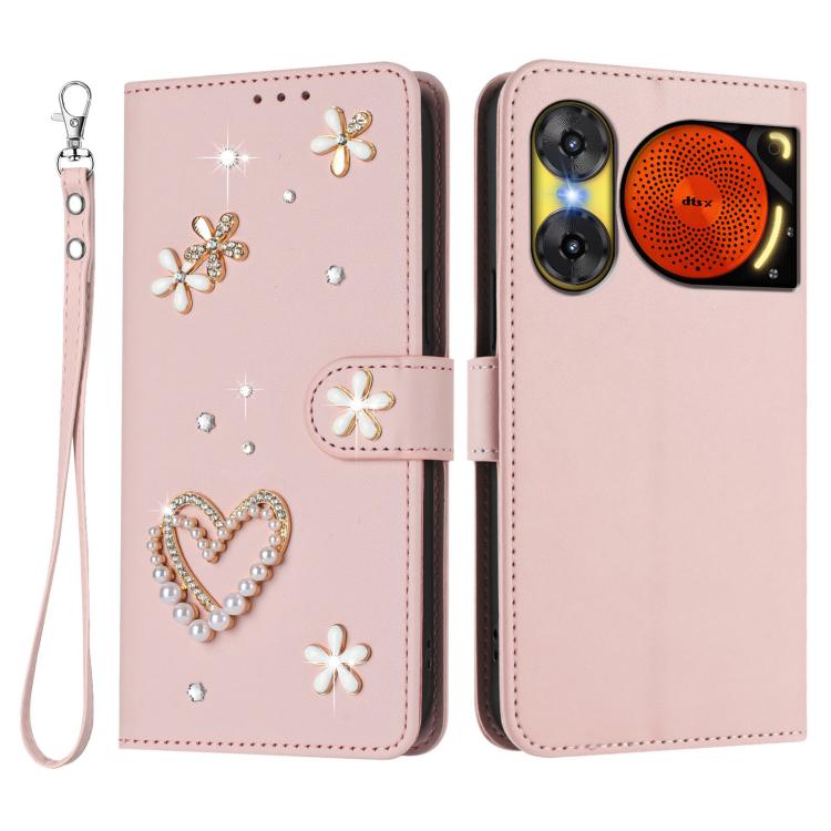 For ZTE Nubia Music 2 ZS01 Double-Layer Heart Floral Vegan Leather Phone Case with Wrist Strap