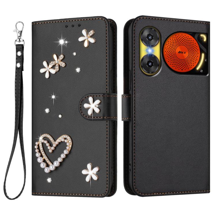 For ZTE Nubia Music 2 ZS01 Double-Layer Heart Floral Vegan Leather Phone Case with Wrist Strap