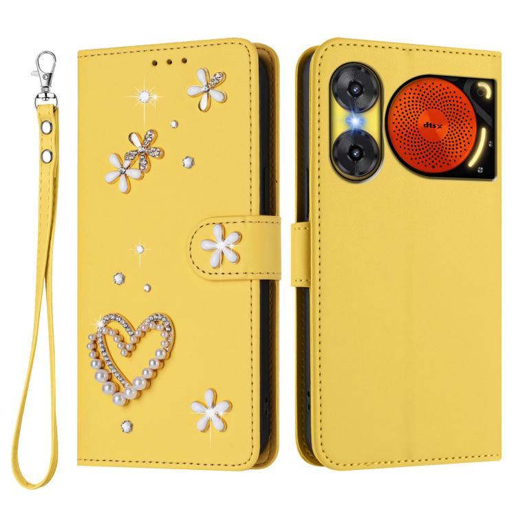 For ZTE Nubia Music 2 ZS01 Double-Layer Heart Floral Vegan Leather Phone Case with Wrist Strap