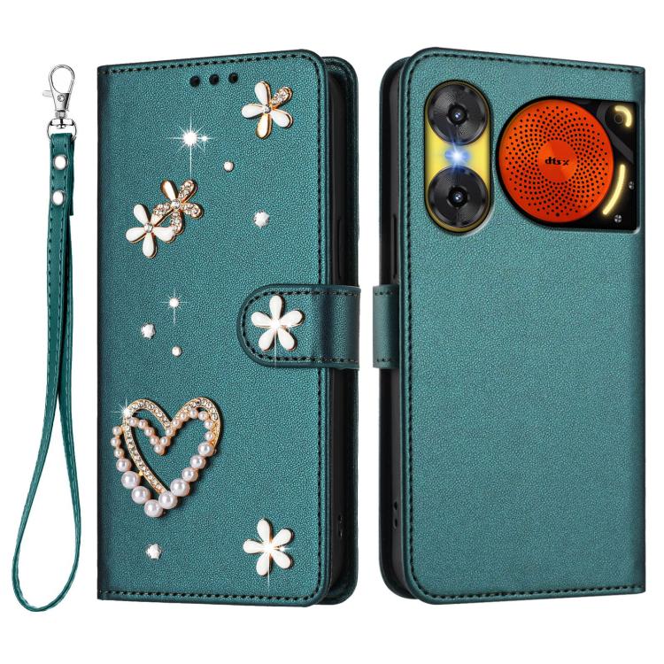 For ZTE Nubia Music 2 ZS01 Double-Layer Heart Floral Vegan Leather Phone Case with Wrist Strap