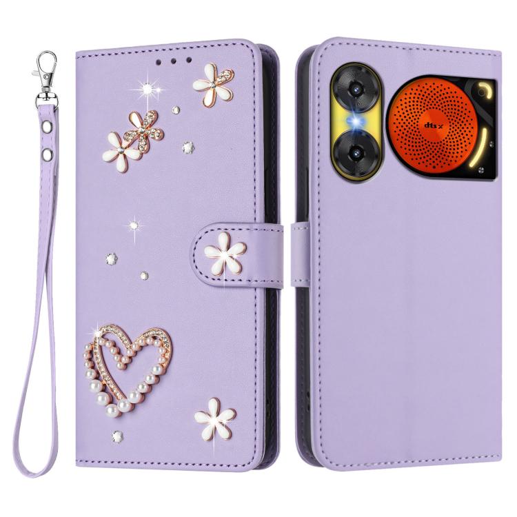 For ZTE Nubia Music 2 ZS01 Double-Layer Heart Floral Vegan Leather Phone Case with Wrist Strap
