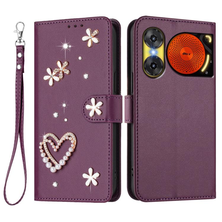 For ZTE Nubia Music 2 ZS01 Double-Layer Heart Floral Vegan Leather Phone Case with Wrist Strap