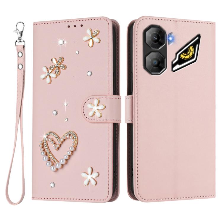 For ZTE nubia Neo 3 ZS01 Double-Layer Heart Floral Vegan Leather Phone Case with Wrist Strap