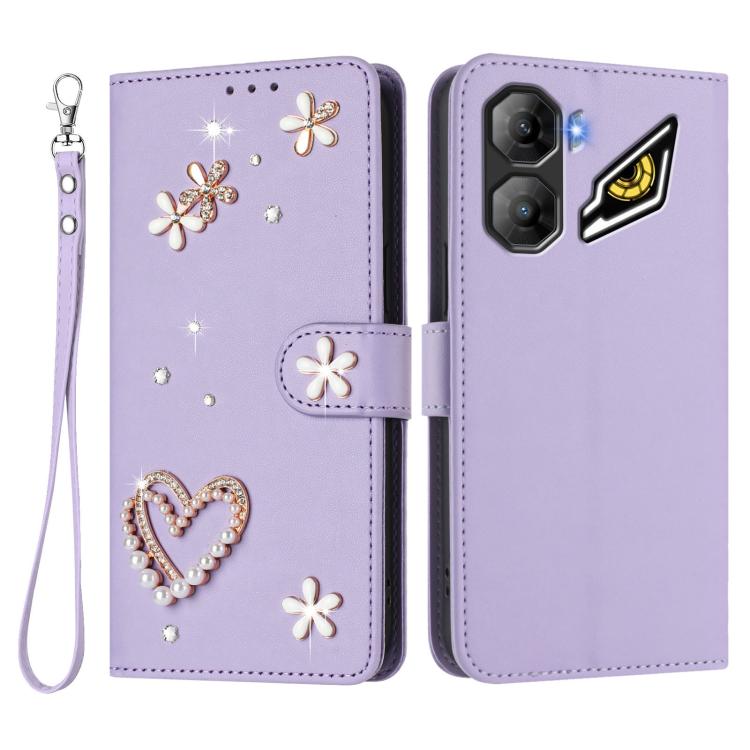 For ZTE nubia Neo 3 ZS01 Double-Layer Heart Floral Vegan Leather Phone Case with Wrist Strap