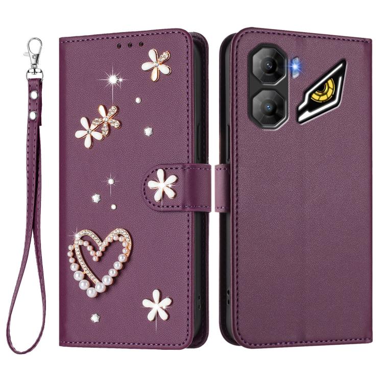 For ZTE nubia Neo 3 ZS01 Double-Layer Heart Floral Vegan Leather Phone Case with Wrist Strap