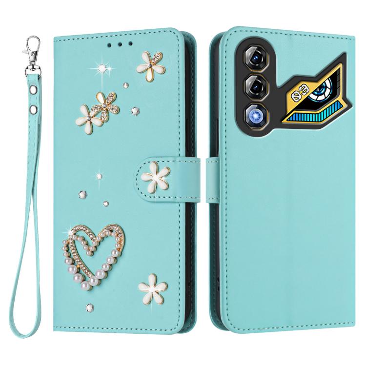 For ZTE nubia Neo 3 GT 5G ZS01 Double-Layer Heart Floral Vegan Leather Phone Case with Wrist Strap