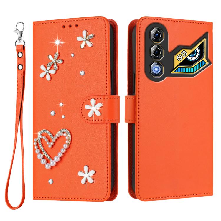 For ZTE nubia Neo 3 GT 5G ZS01 Double-Layer Heart Floral Vegan Leather Phone Case with Wrist Strap