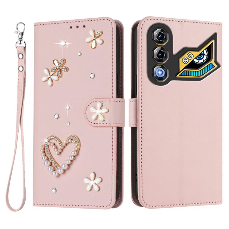 For ZTE nubia Neo 3 GT 5G ZS01 Double-Layer Heart Floral Vegan Leather Phone Case with Wrist Strap