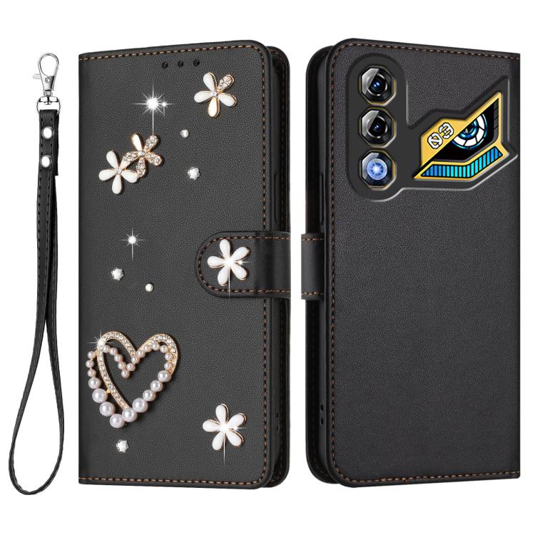 For ZTE nubia Neo 3 GT 5G ZS01 Double-Layer Heart Floral Vegan Leather Phone Case with Wrist Strap