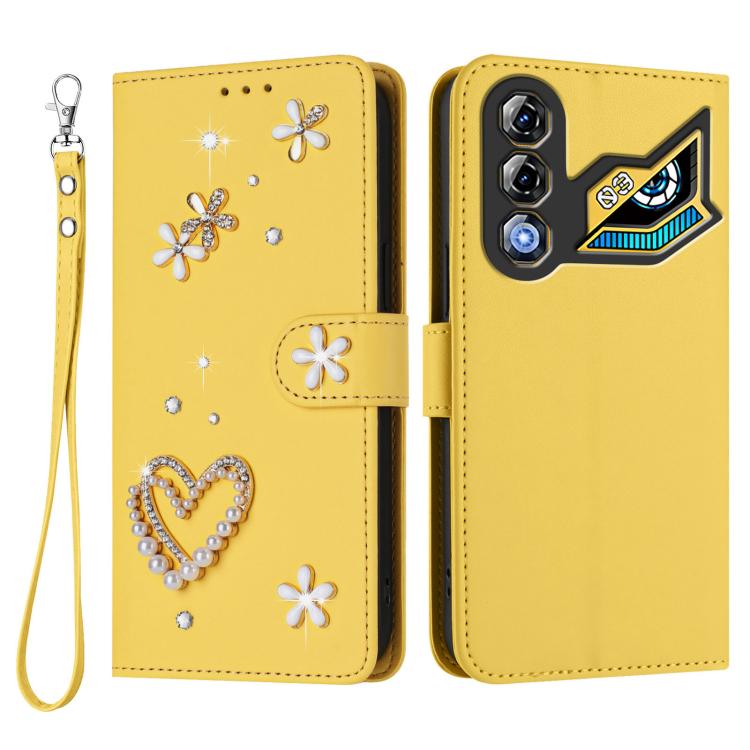 For ZTE nubia Neo 3 GT 5G ZS01 Double-Layer Heart Floral Vegan Leather Phone Case with Wrist Strap