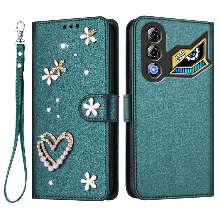 For ZTE nubia Neo 3 GT 5G ZS01 Double-Layer Heart Floral Vegan Leather Phone Case with Wrist Strap