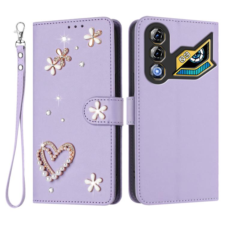 For ZTE nubia Neo 3 GT 5G ZS01 Double-Layer Heart Floral Vegan Leather Phone Case with Wrist Strap