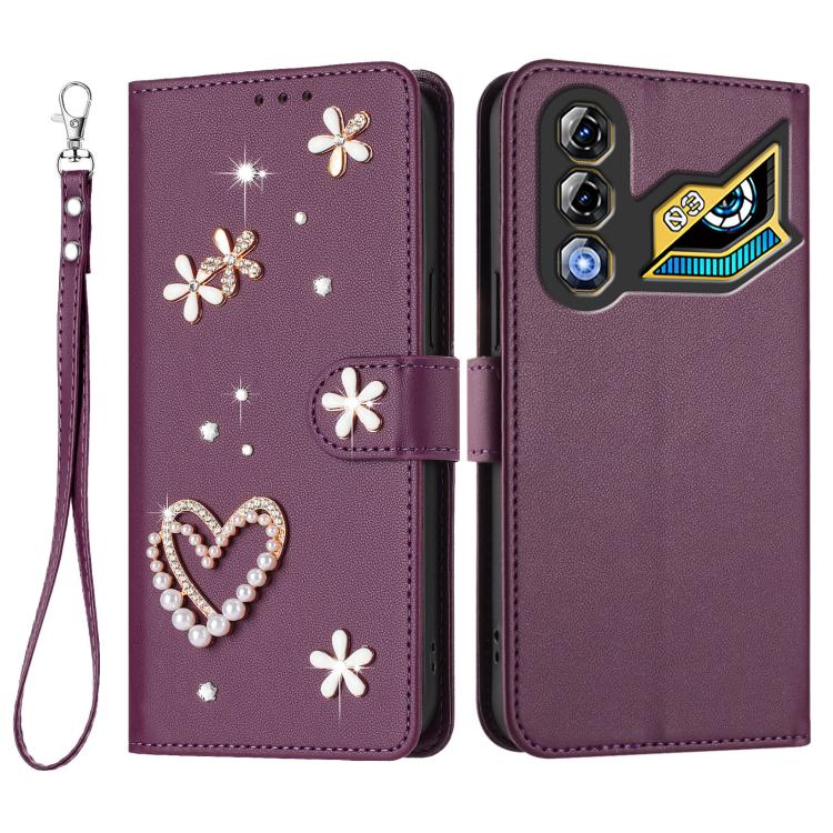 For ZTE nubia Neo 3 GT 5G ZS01 Double-Layer Heart Floral Vegan Leather Phone Case with Wrist Strap