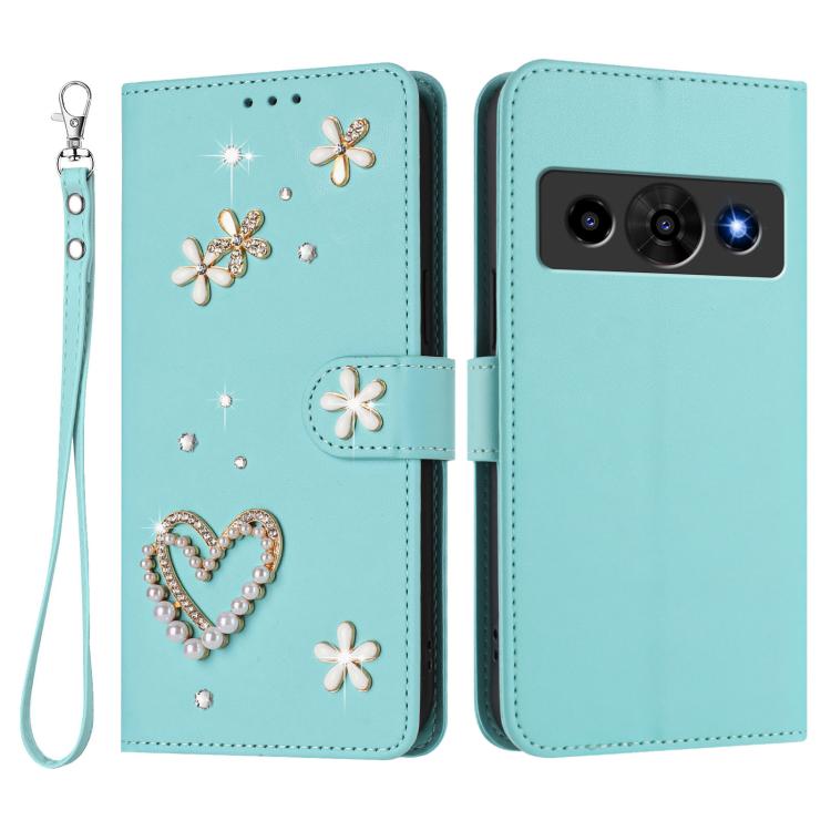 For ZTE Nubia P7 Pro 5G/Optus X Value 5G ZS01 Double-Layer Heart Floral Vegan Leather Phone Case with Wrist Strap