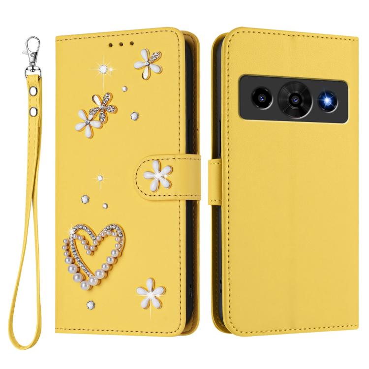 For ZTE Nubia P7 Pro 5G/Optus X Value 5G ZS01 Double-Layer Heart Floral Vegan Leather Phone Case with Wrist Strap