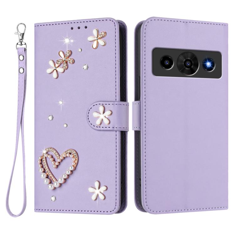 For ZTE Nubia P7 Pro 5G/Optus X Value 5G ZS01 Double-Layer Heart Floral Vegan Leather Phone Case with Wrist Strap