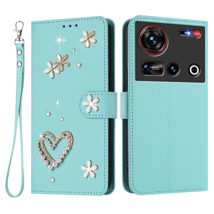 For ZTE nubia Z70 Ultra ZS01 Double-Layer Heart Floral Vegan Leather Phone Case with Wrist Strap