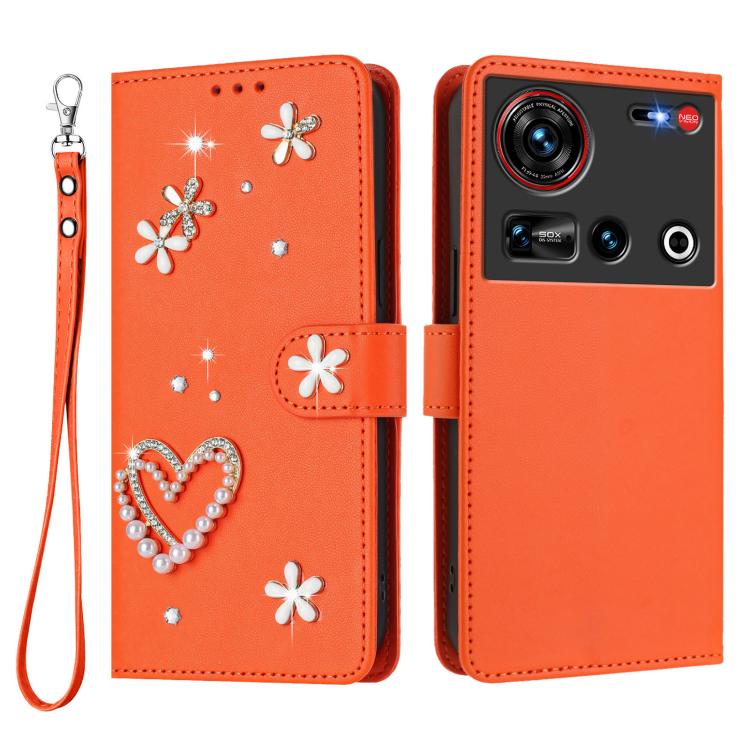 For ZTE nubia Z70 Ultra ZS01 Double-Layer Heart Floral Vegan Leather Phone Case with Wrist Strap