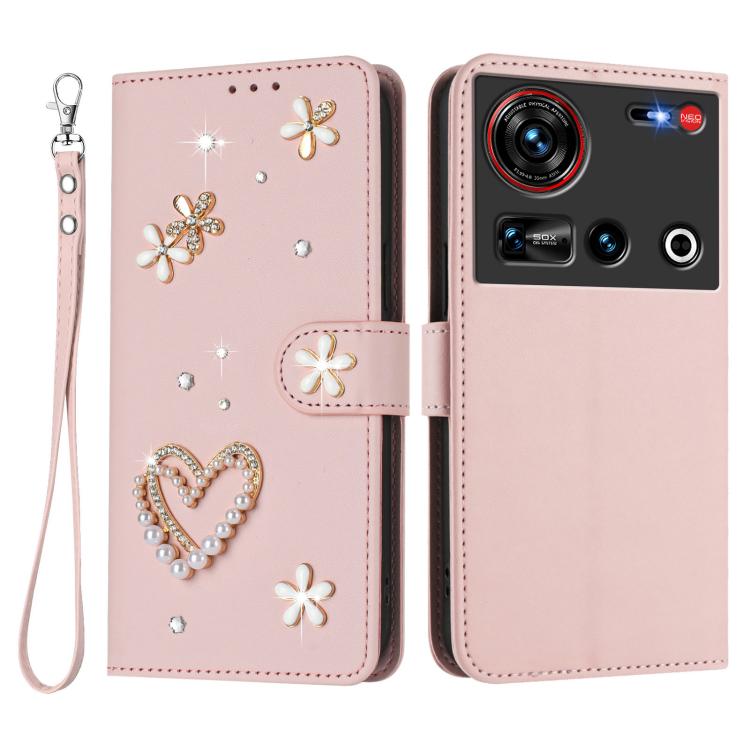 For ZTE nubia Z70 Ultra ZS01 Double-Layer Heart Floral Vegan Leather Phone Case with Wrist Strap