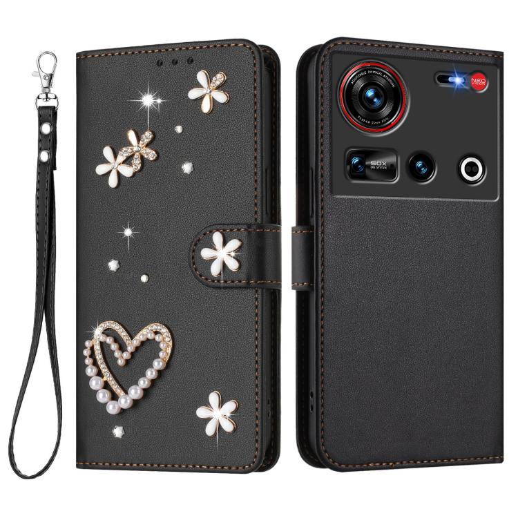 For ZTE nubia Z70 Ultra ZS01 Double-Layer Heart Floral Vegan Leather Phone Case with Wrist Strap