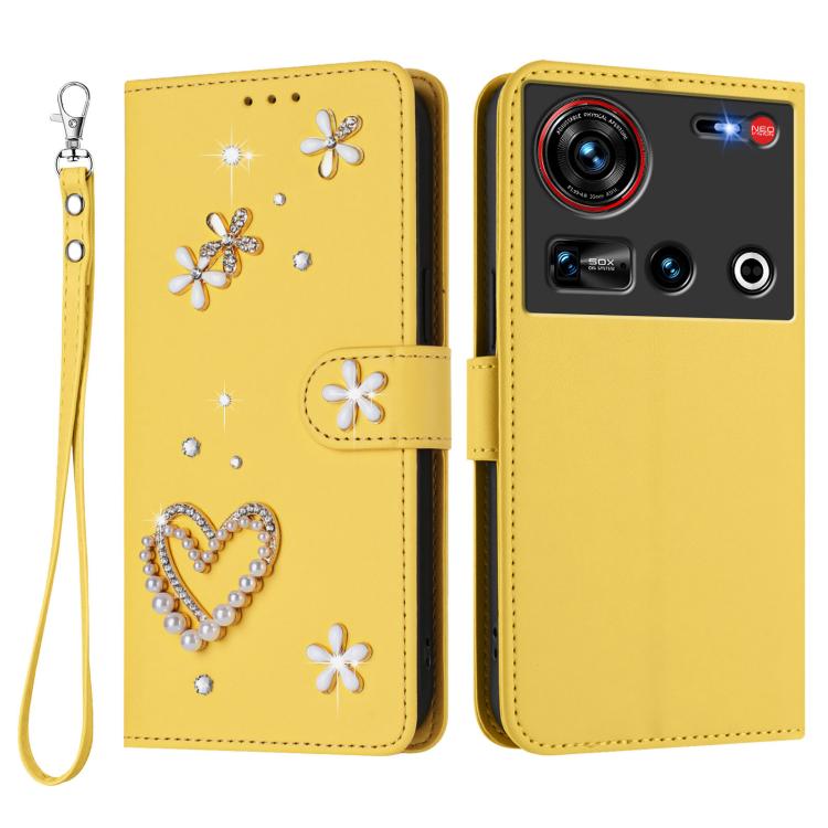 For ZTE nubia Z70 Ultra ZS01 Double-Layer Heart Floral Vegan Leather Phone Case with Wrist Strap