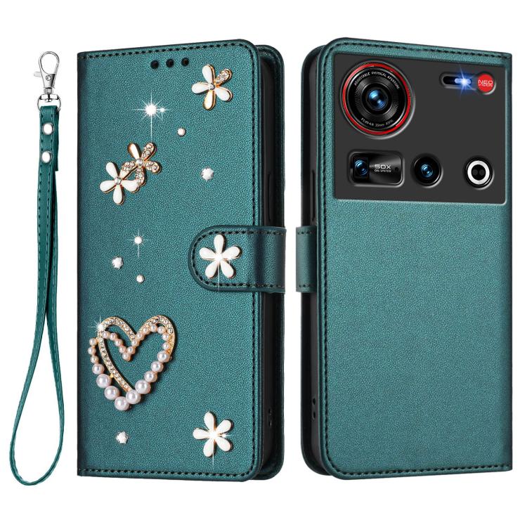 For ZTE nubia Z70 Ultra ZS01 Double-Layer Heart Floral Vegan Leather Phone Case with Wrist Strap