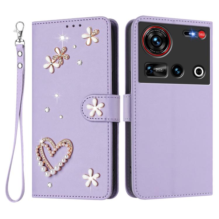 For ZTE nubia Z70 Ultra ZS01 Double-Layer Heart Floral Vegan Leather Phone Case with Wrist Strap