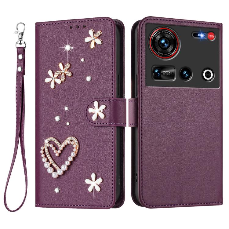 For ZTE nubia Z70 Ultra ZS01 Double-Layer Heart Floral Vegan Leather Phone Case with Wrist Strap