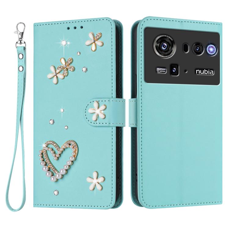 For ZTE nubia Z80 Ultra ZS01 Double-Layer Heart Floral Vegan Leather Phone Case with Wrist Strap