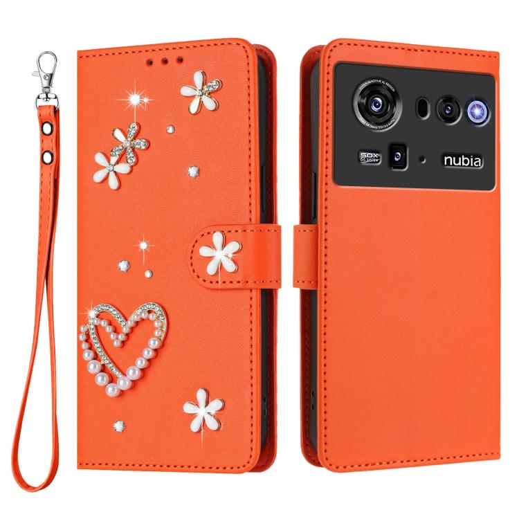 For ZTE nubia Z80 Ultra ZS01 Double-Layer Heart Floral Vegan Leather Phone Case with Wrist Strap